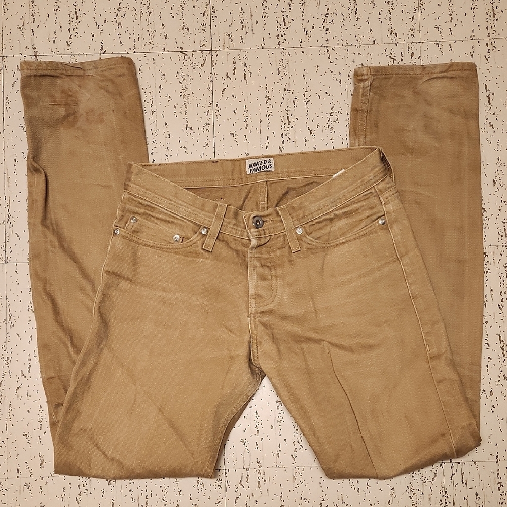Naked & Famous Denim Beige Tan Weird Guy Salvaged Chino Straight Leg Jeans